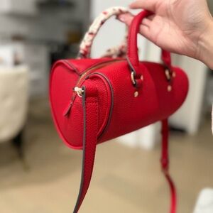 Red Leather Barrel Satchel Handbag